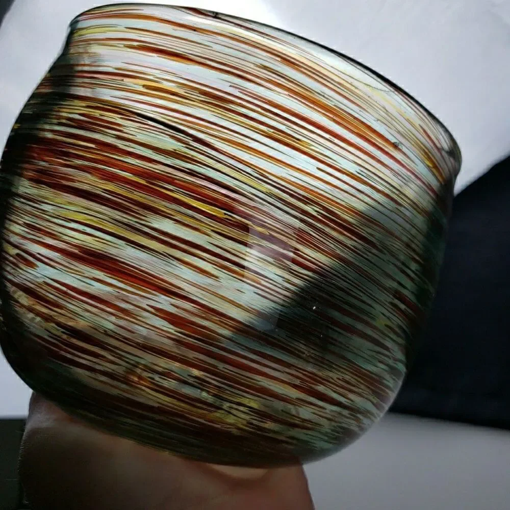 David Kolasky Signed Studio Blown Art Glass Vase Brown & Multi Swirls Bowl